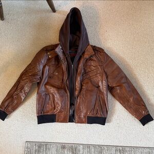 South Pole Brown Leather Bomber Jacket with Hood